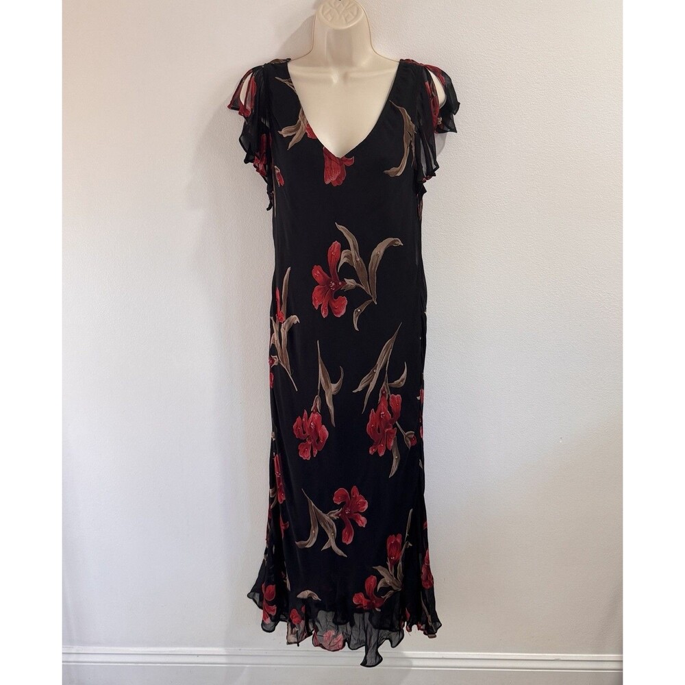 Vintage 90s Maxi Dress XL Black Red Floral Chiffon Flutter Whimsigoth Fairy